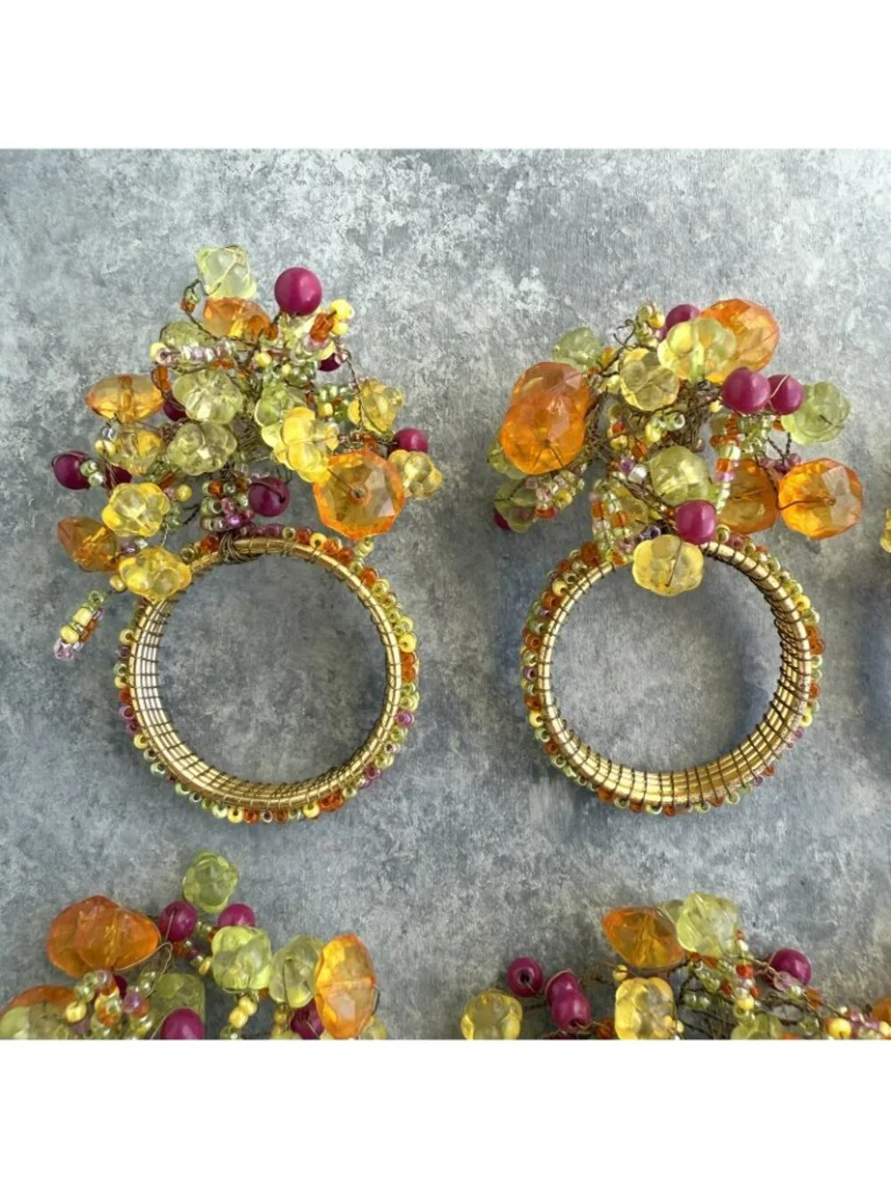 Pier 1 Napkin Rings Jeweled Beaded Cluster Set of 8 Green Pink Yellow Orange